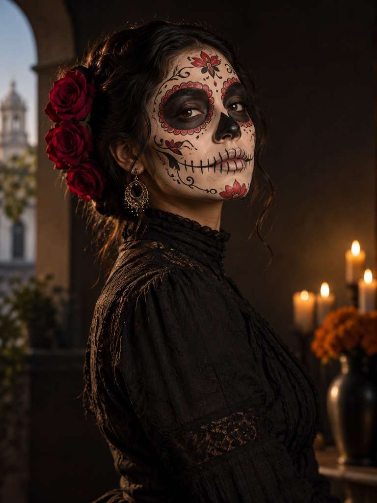 Retrato com maquiagem clássica de Catrina gerada com IA