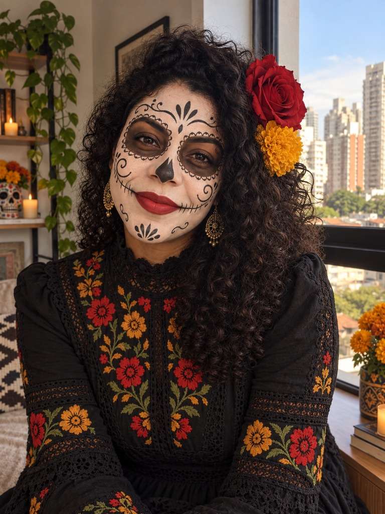 Mesmo retrato transformado em Catrina com maquiagem de calavera