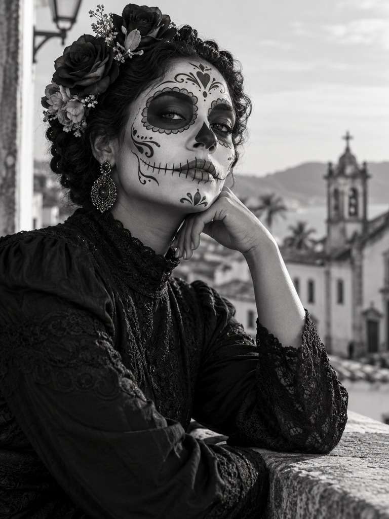 Catrina em retrato editorial preto e branco gerada com IA
