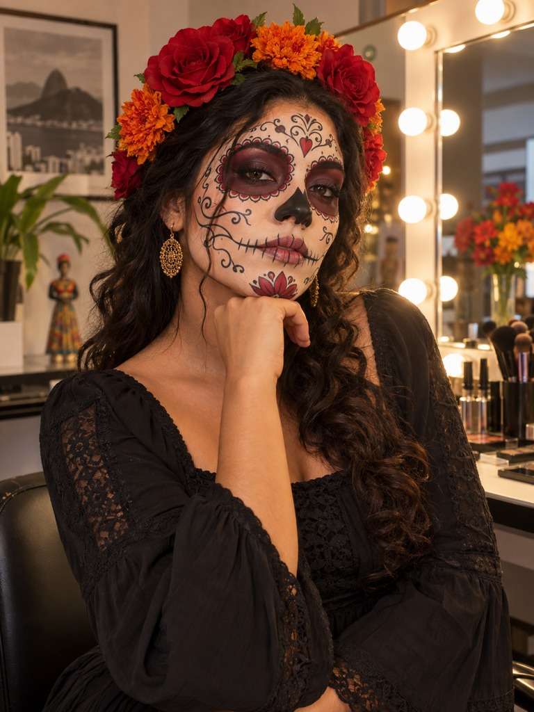 Catrina em camarim de maquiadora gerada com IA