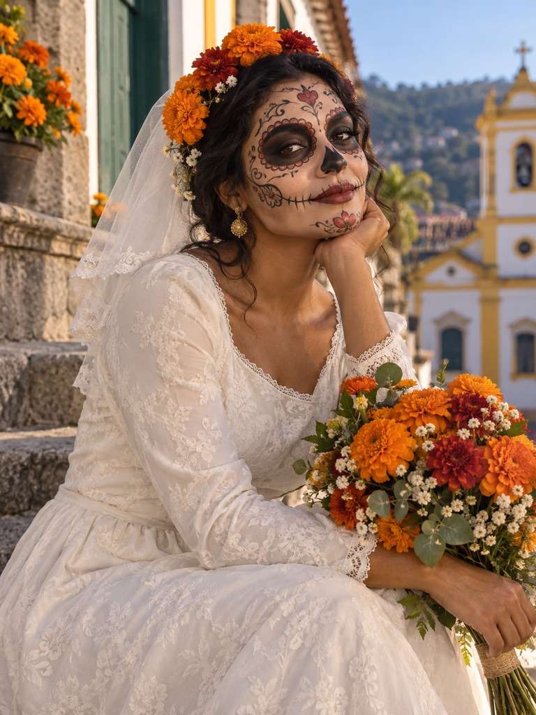 Catrina com véu de noiva gerada a partir do retrato