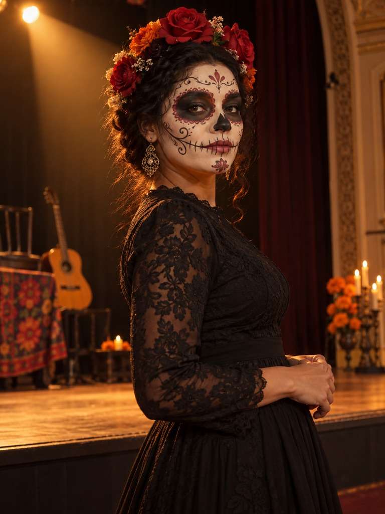 Catrina em palco de teatro gerada com IA