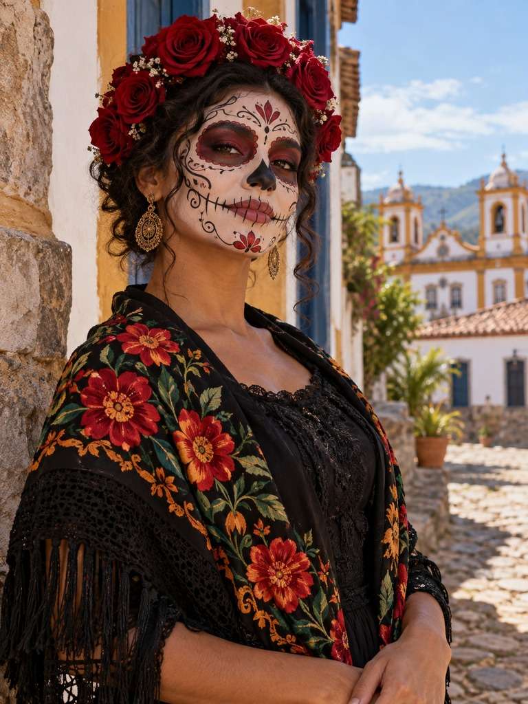 Catrina com coroa de rosas vermelhas gerada com IA