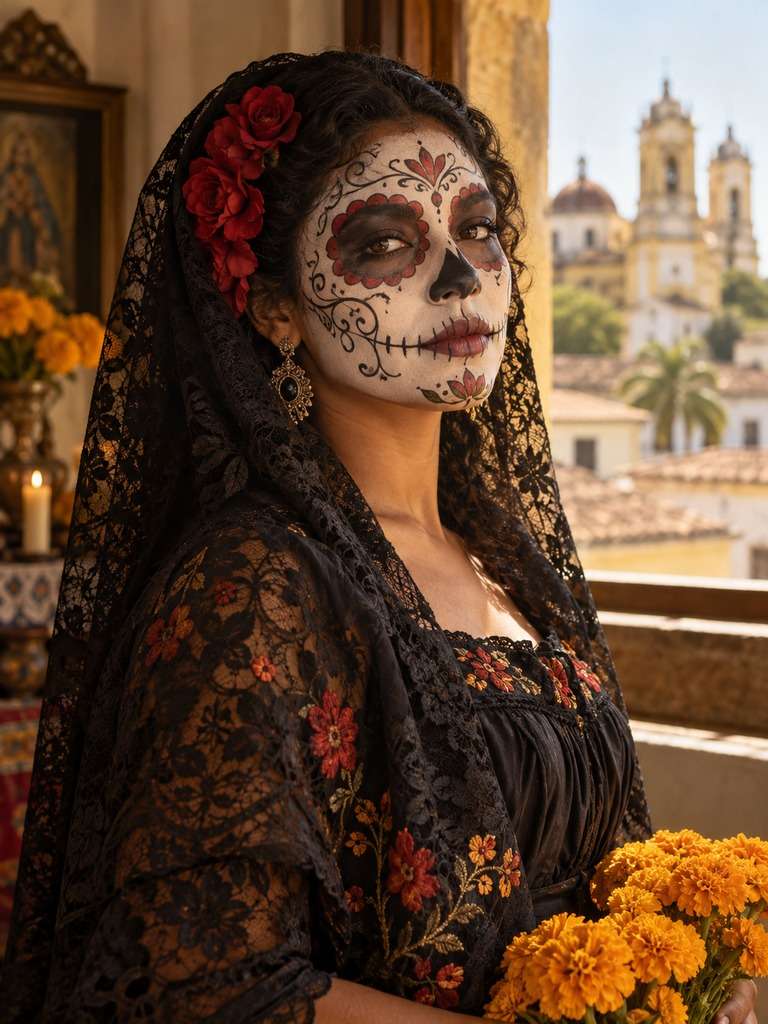 Catrina com véu de renda gerada com IA