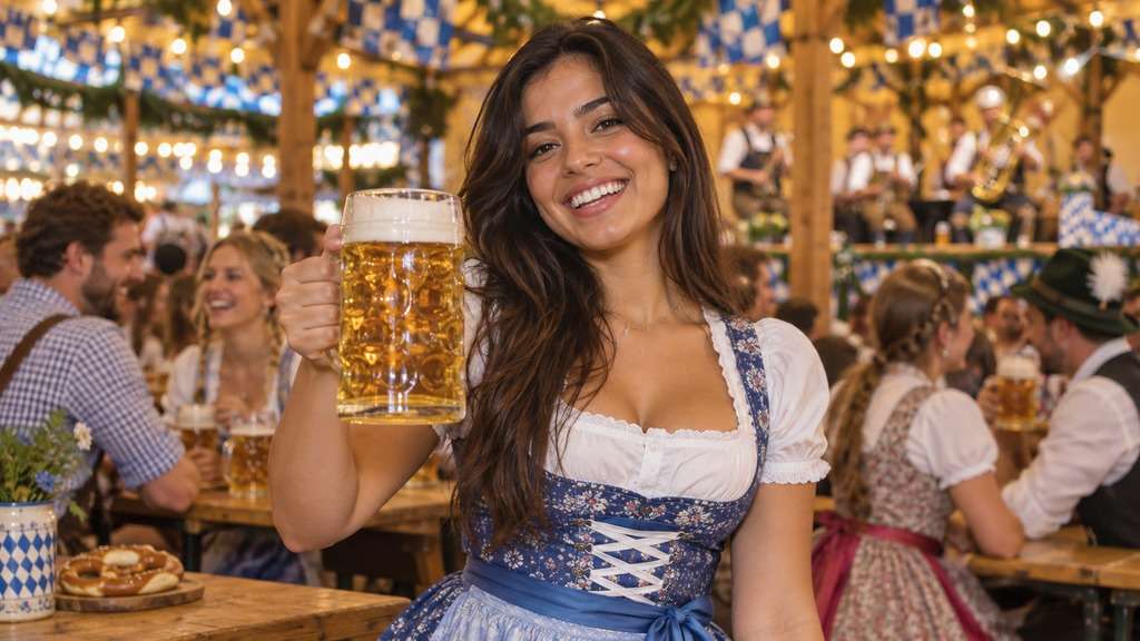 Foto transformada em look de Oktoberfest com dirndl e tenda