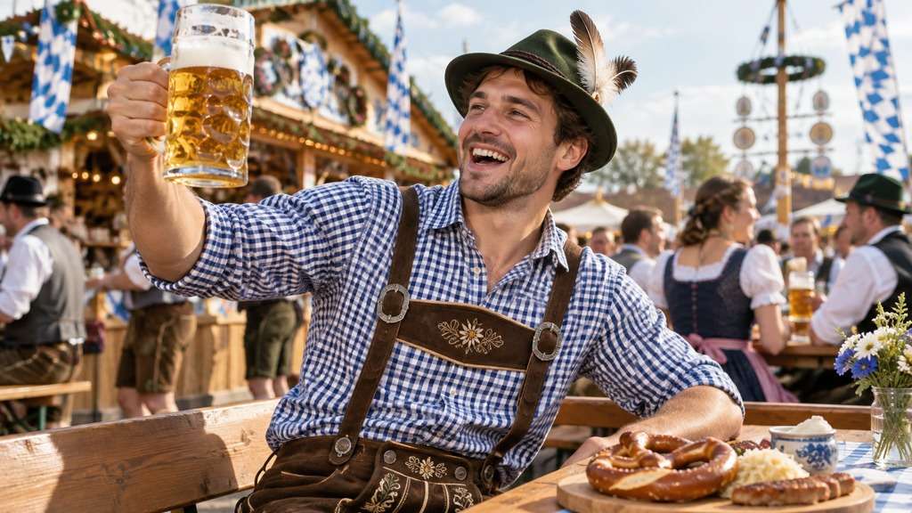 Foto transformada em lederhosen e chapéu alpino de Oktoberfest