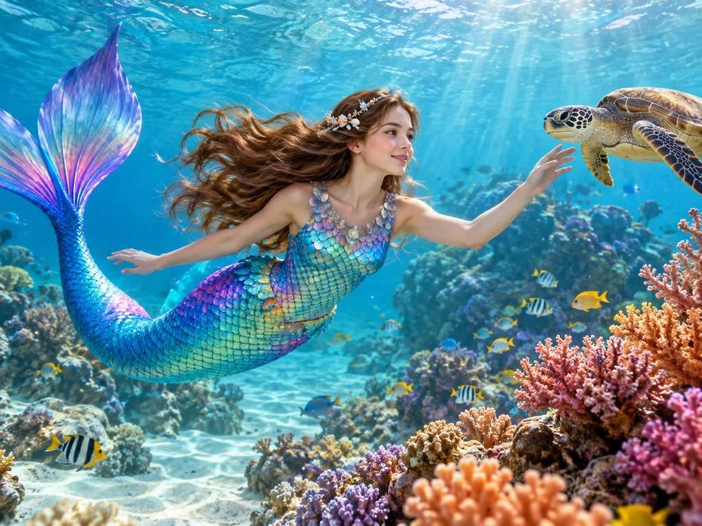 Foto transformada em sereia com cauda e água