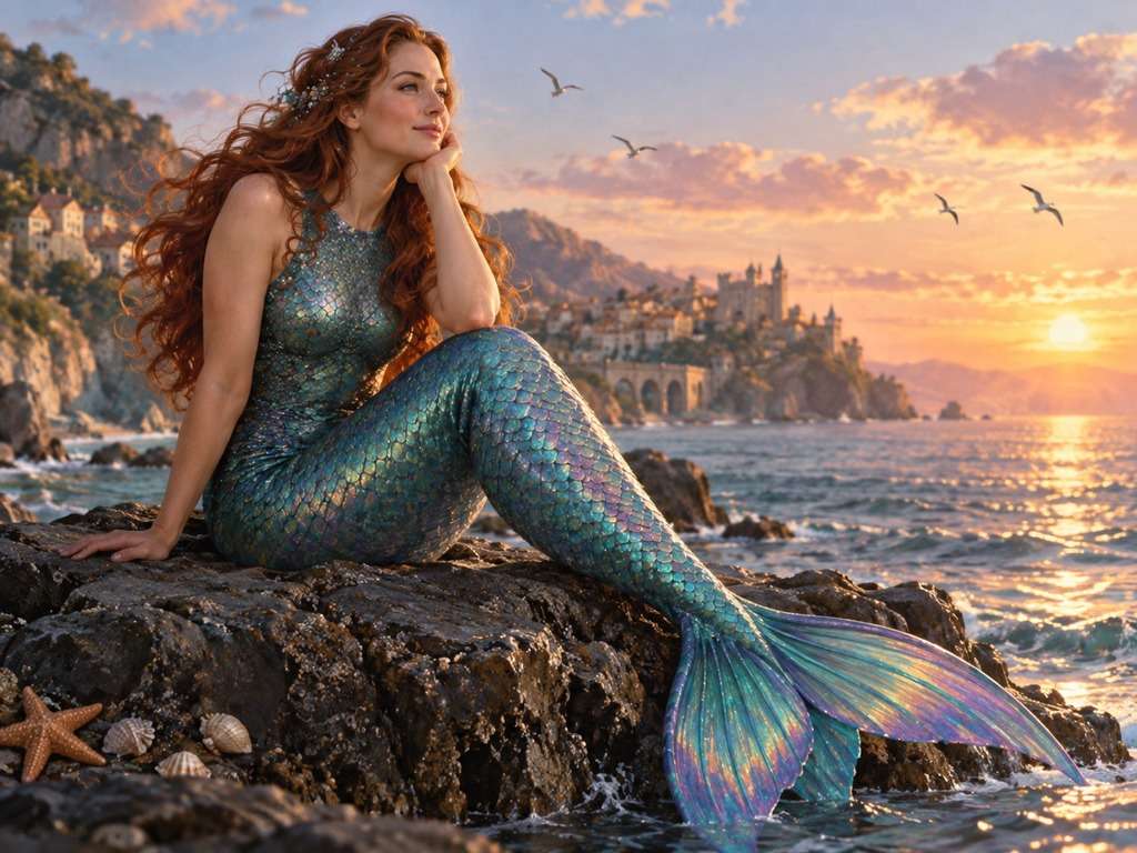 Sereia em ilustração de conto gerada com IA