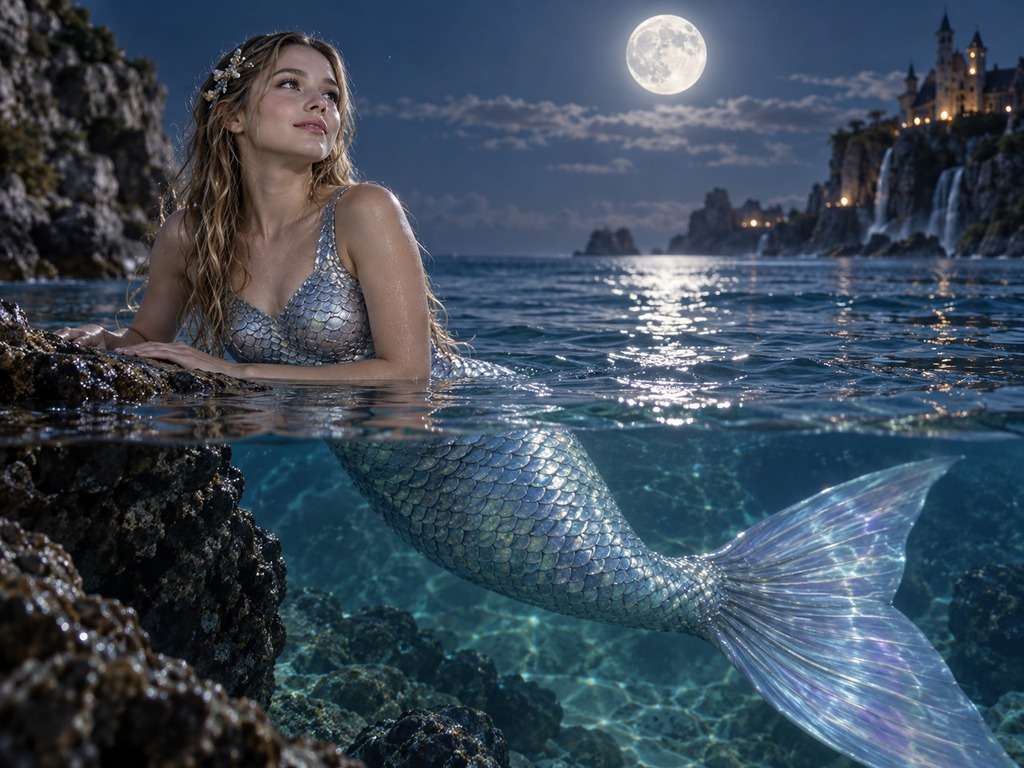 Sereia ao luar gerada com IA