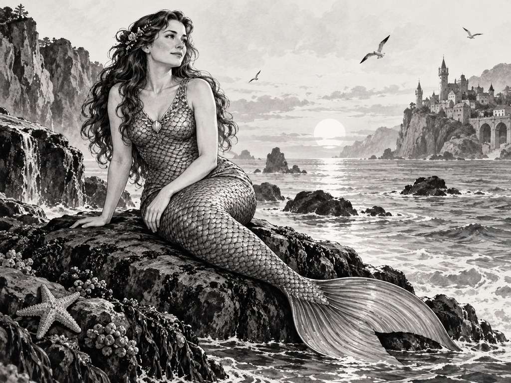Sereia em preto e branco gerada com IA