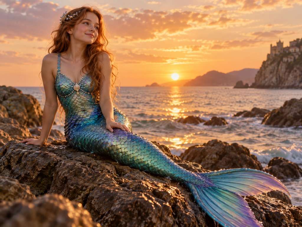Sereia na pedra ao entardecer gerada com IA