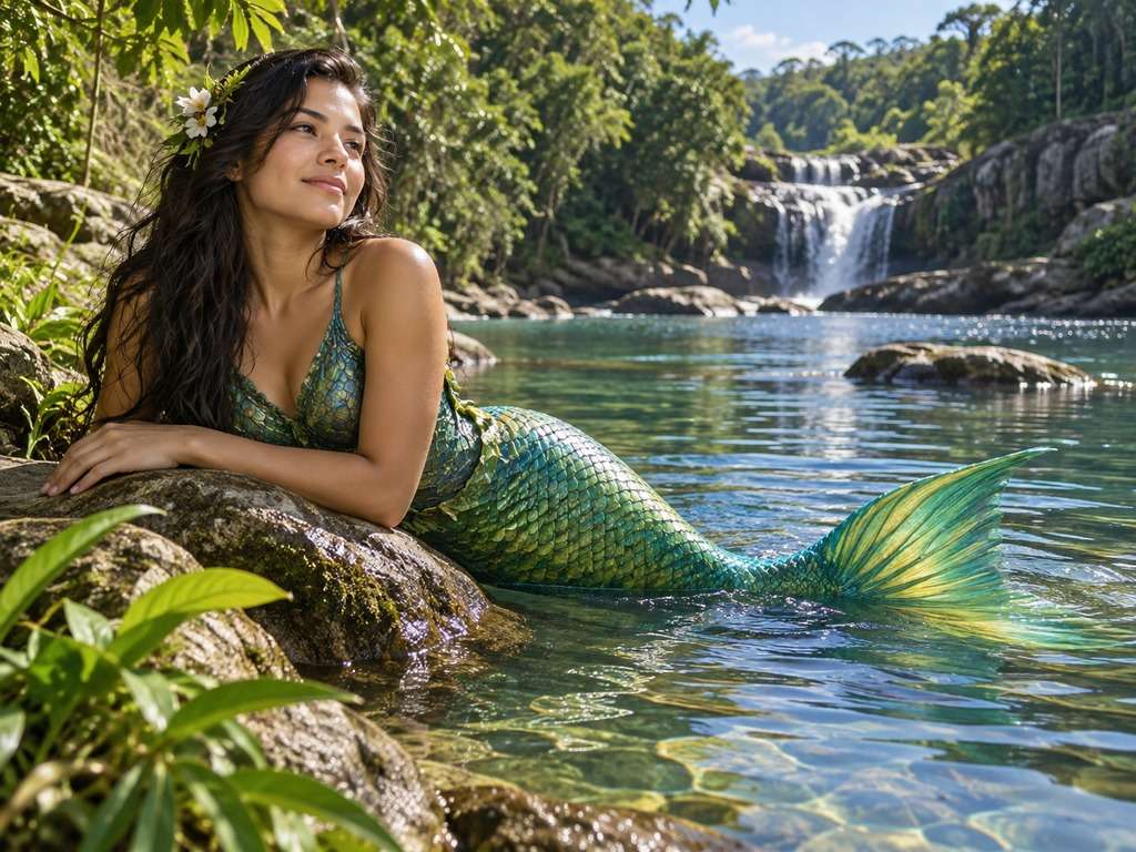 Sereia em rio de água doce gerada com IA