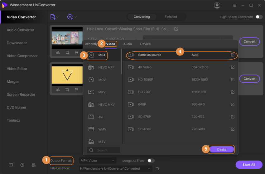 Select Output Format as MP4