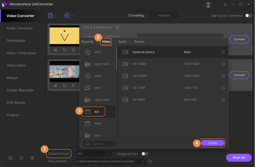 choose AVI as output format