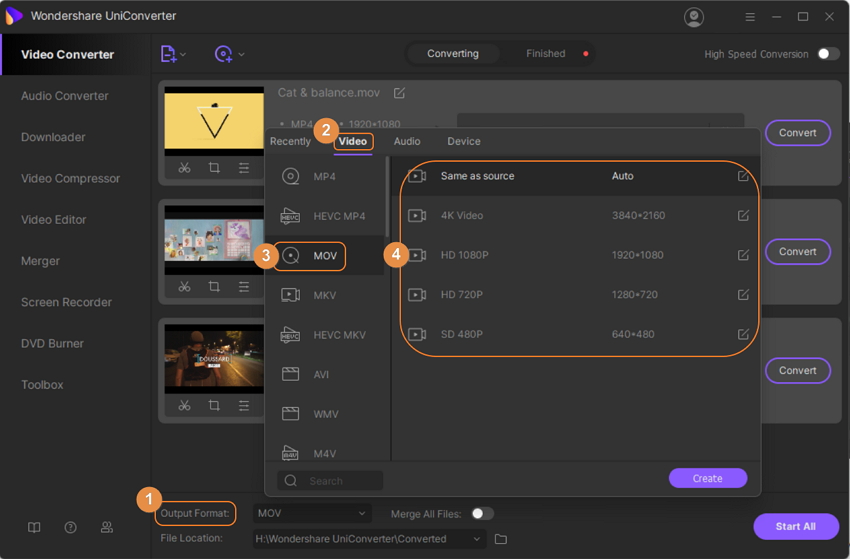 Select Output Format as MOV