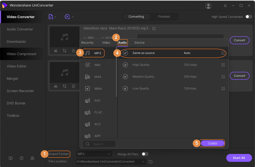 Select MP3 as output format and edit file parameters