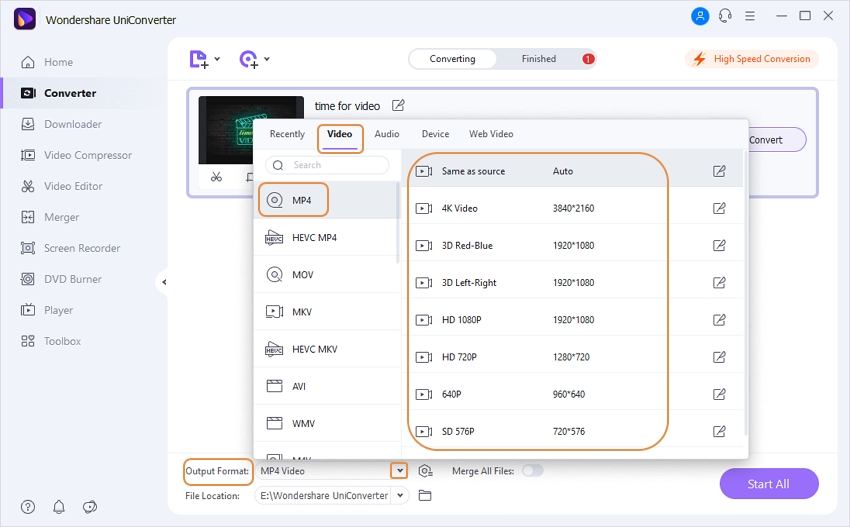 Seleccionar o Formato de Saída como MP4