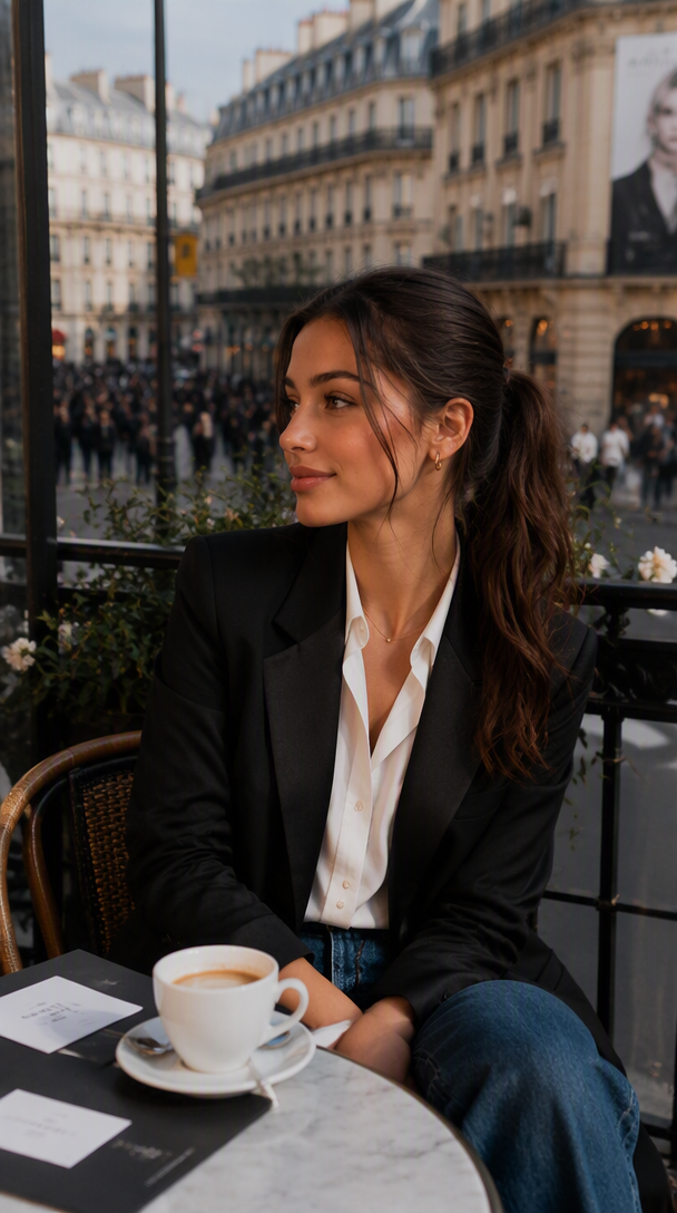 Prompt IA Street style parisien - Terrasse parisienne entre deux shows