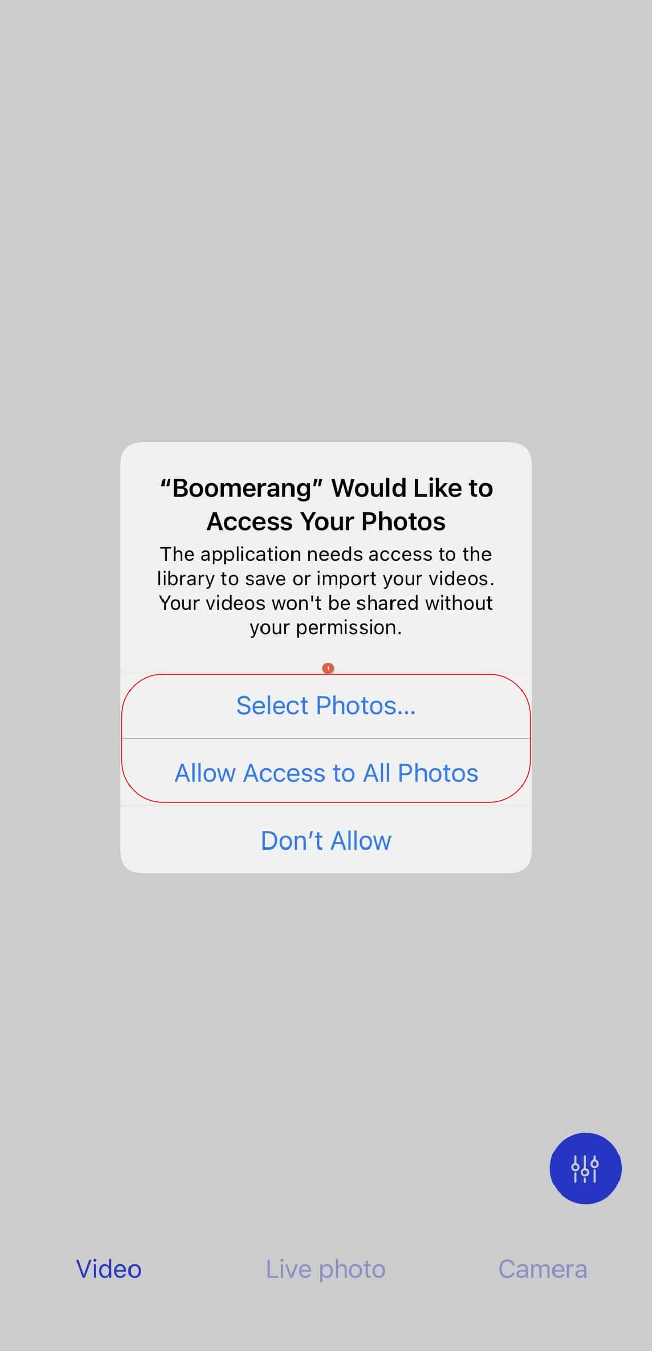 Allow Boomerang to access photos on iPhone