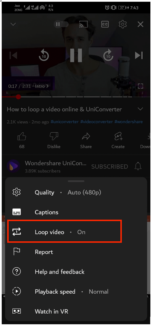  loop video on youtube mobile app 