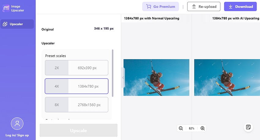 prévisualisation et téléchargement de l'image sur l'upscaler de résolution IA