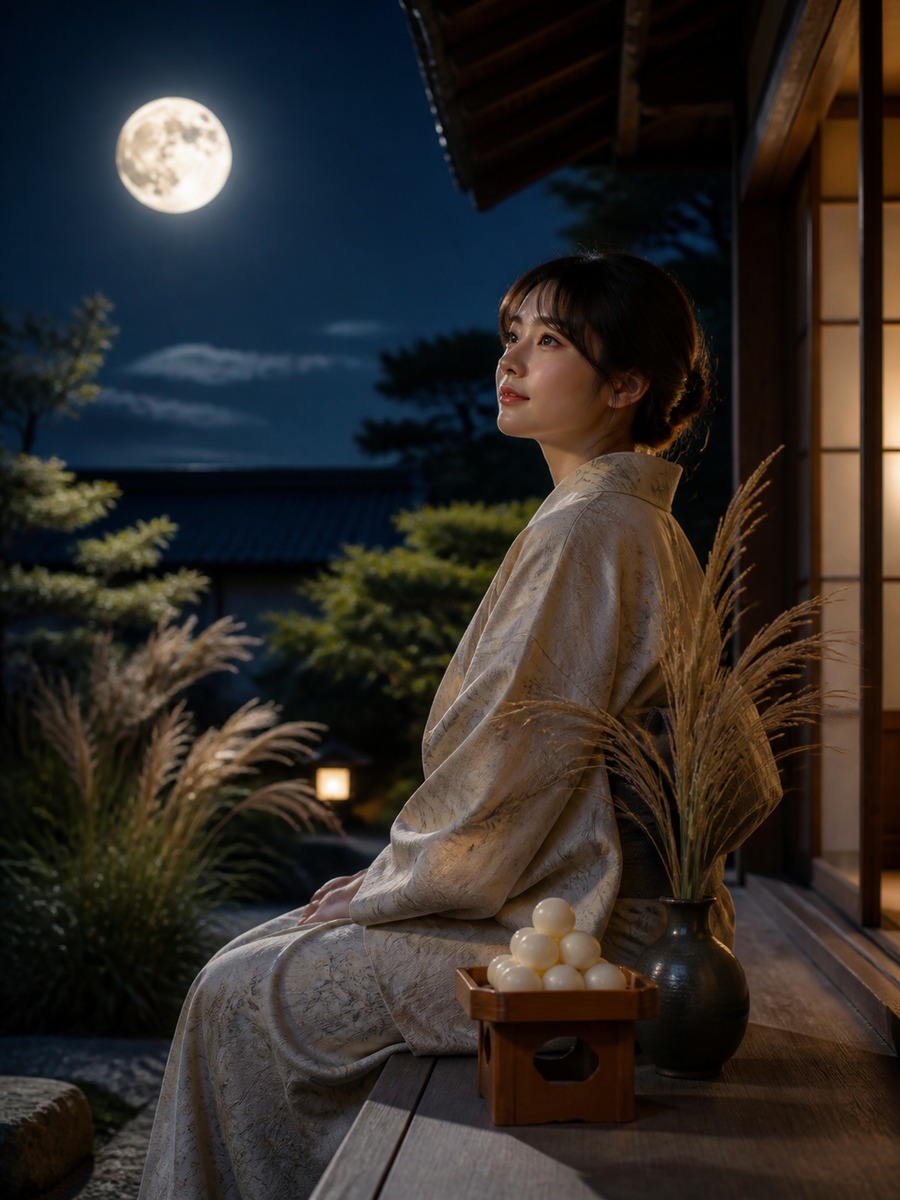 縁側で月を見る十五夜ポートレートの作例画像