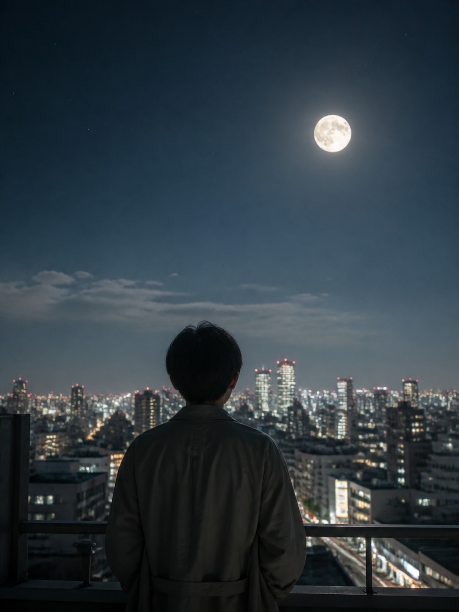都会の屋上で月見写真の作例画像