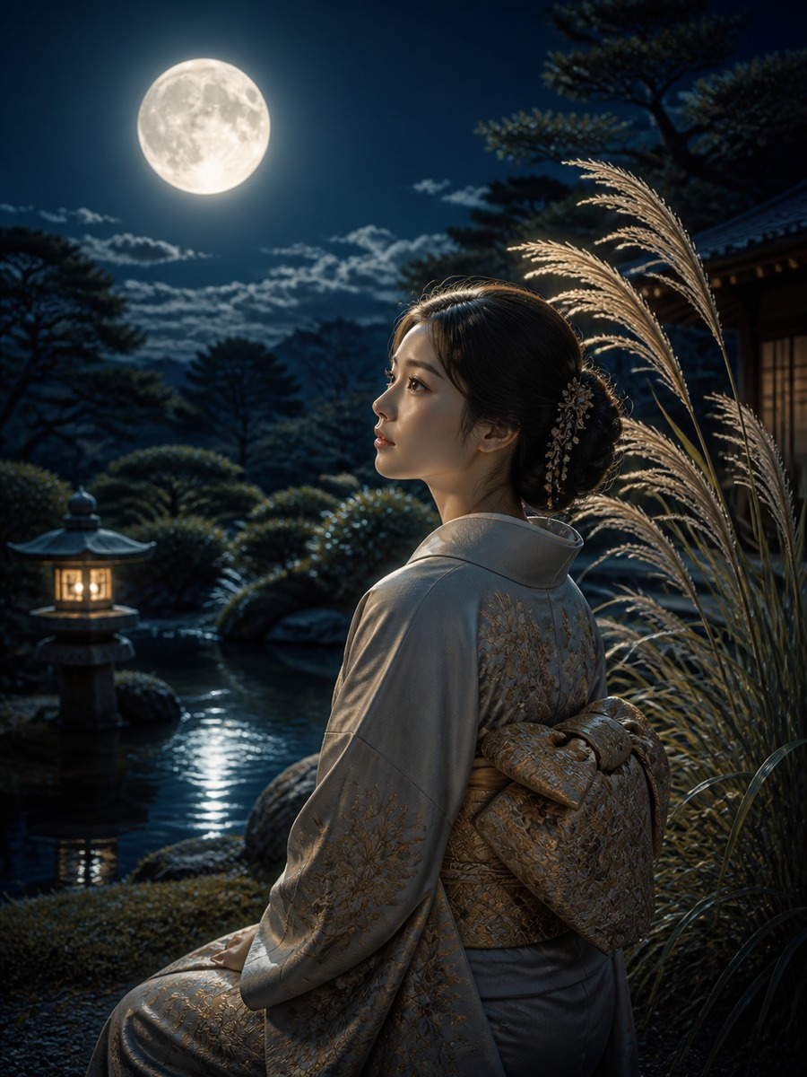 着物で中秋の名月ポートレートの作例画像