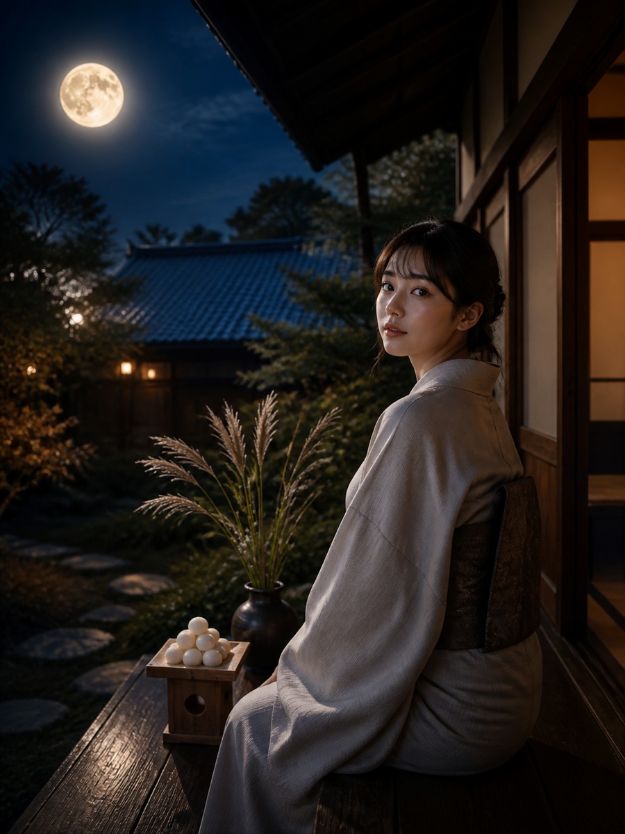 縁側で月を見る十五夜ポートレートの作例画像