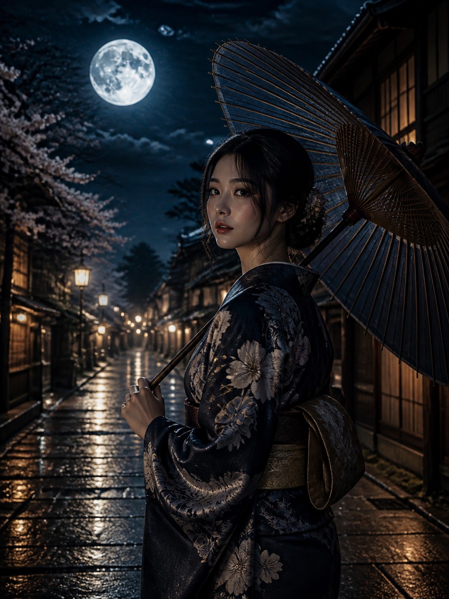 月明かりの和傘ポートレートの作例画像