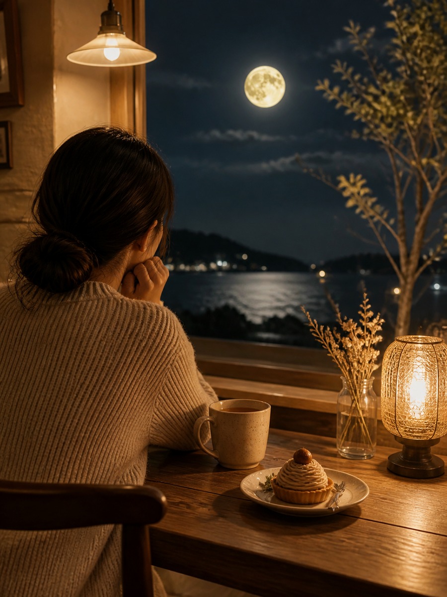 月見カフェの窓際ポートレートの作例画像