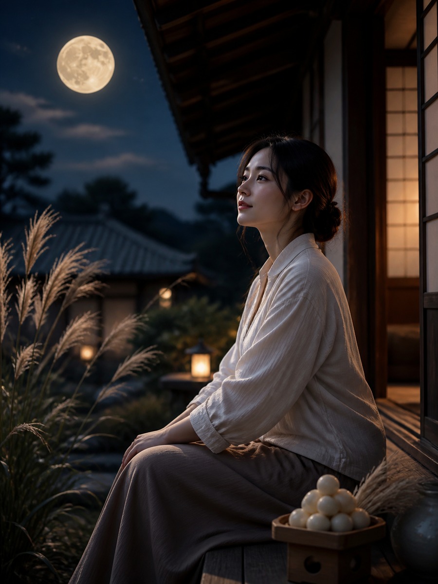 縁側で月を見る十五夜ポートレートの作例画像