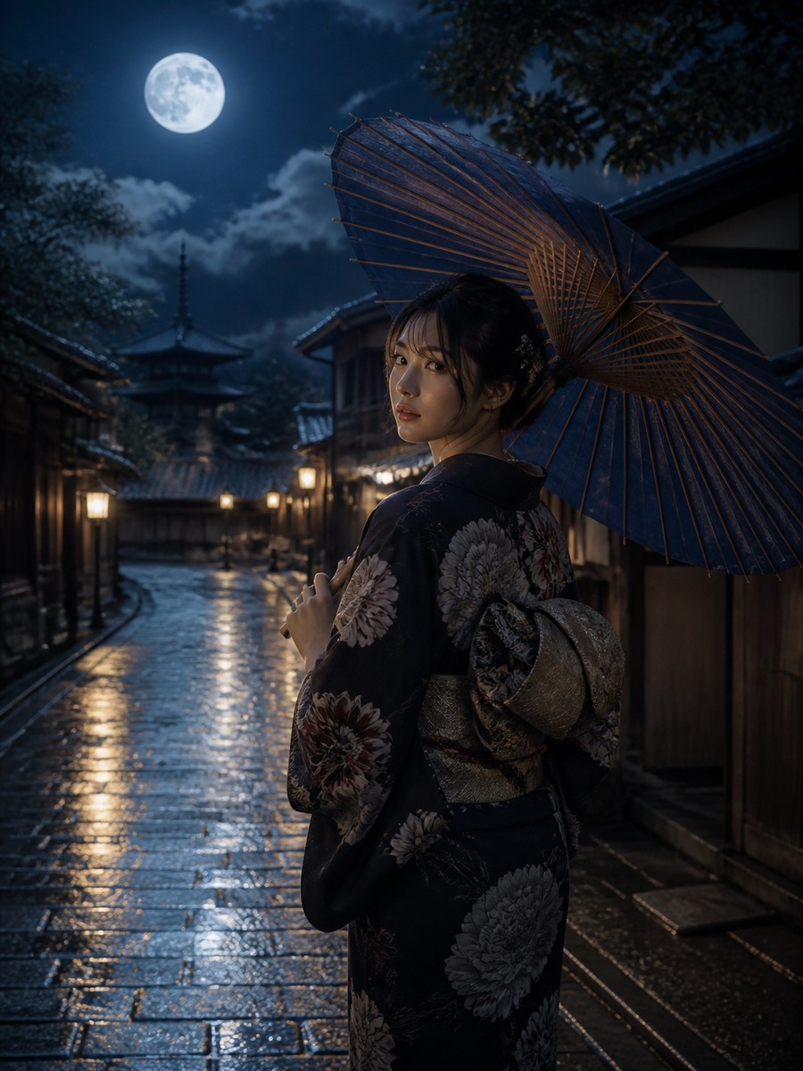 月明かりの和傘ポートレートの作例画像