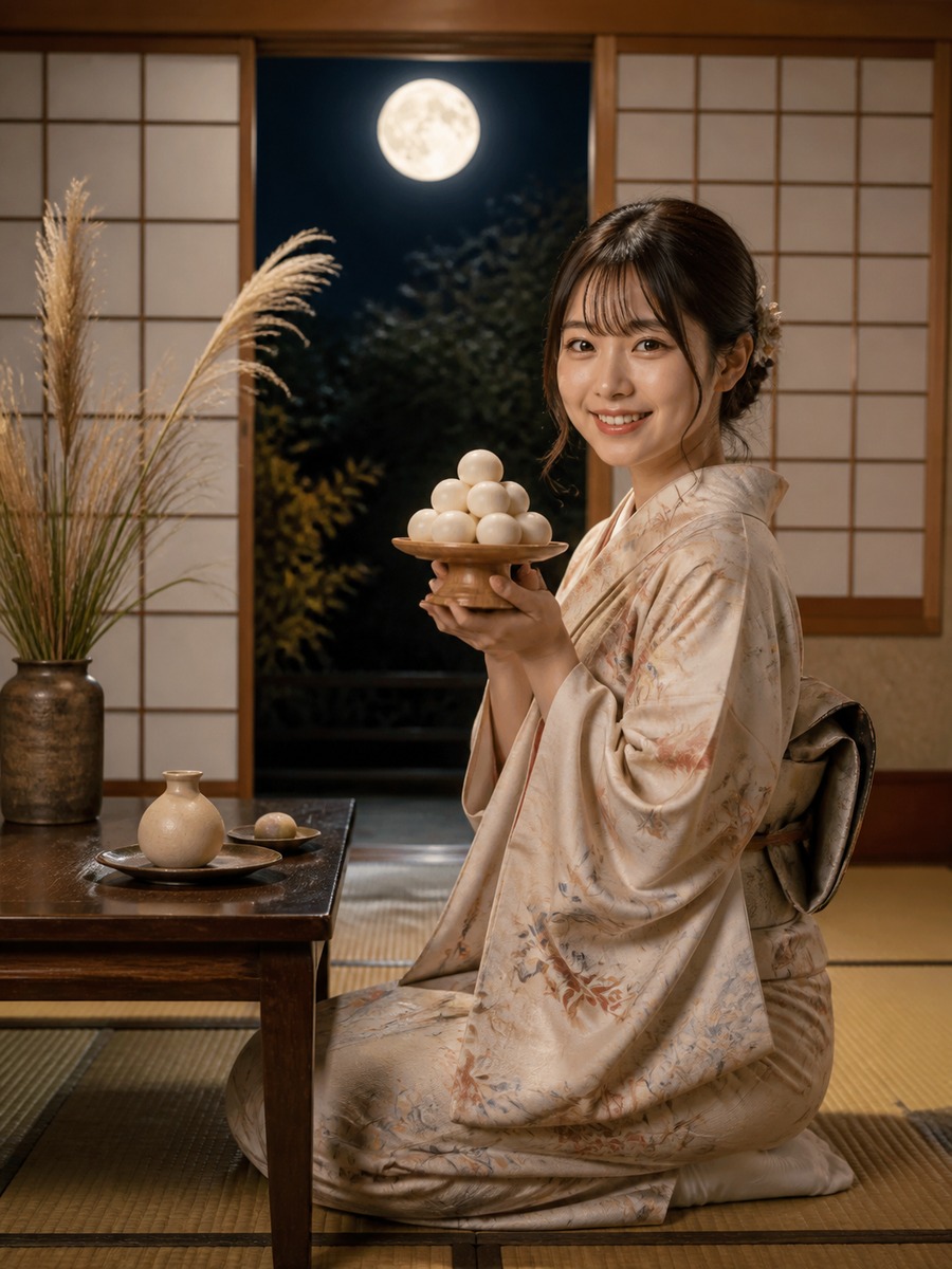 月見団子を持つ和室写真の作例画像