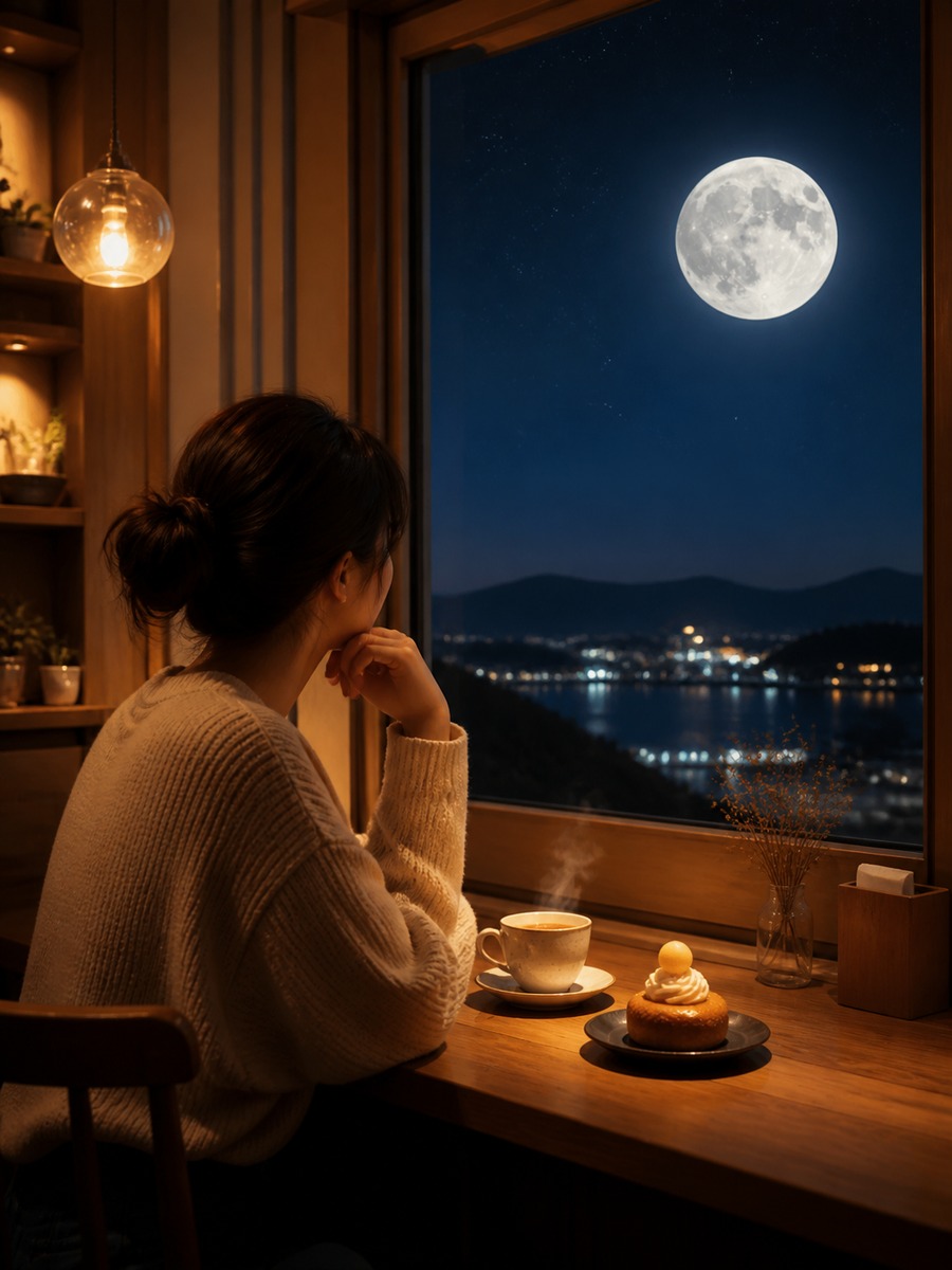 月見カフェの窓際ポートレートの作例画像