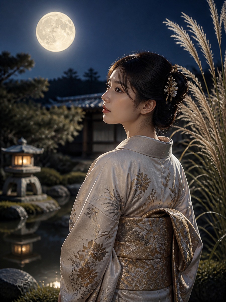 着物で中秋の名月ポートレートの作例画像