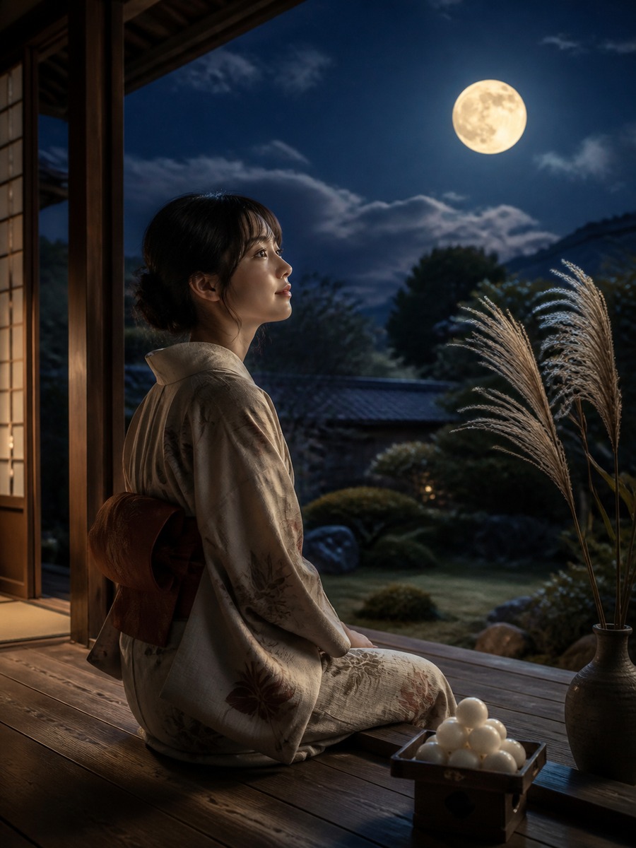 縁側で月を見る十五夜ポートレートの作例画像