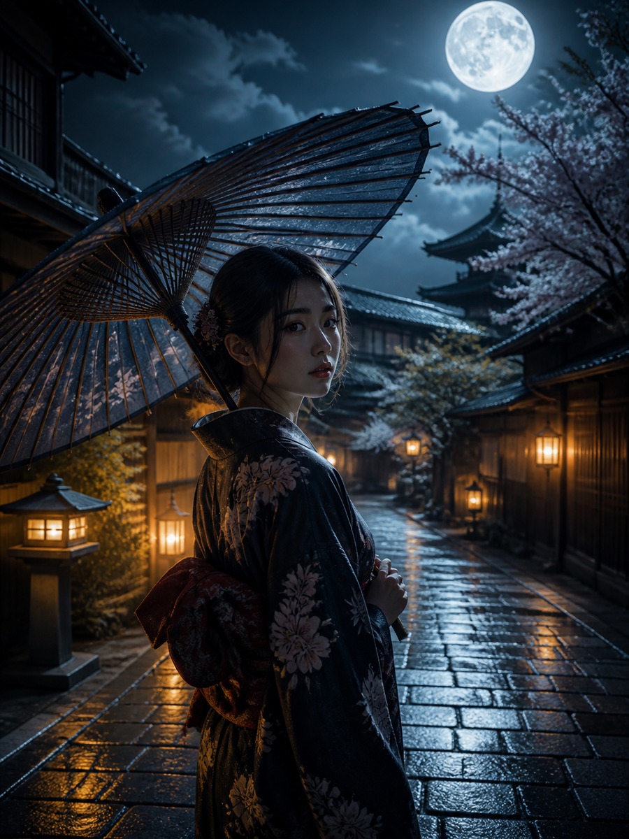 月明かりの和傘ポートレートの作例画像