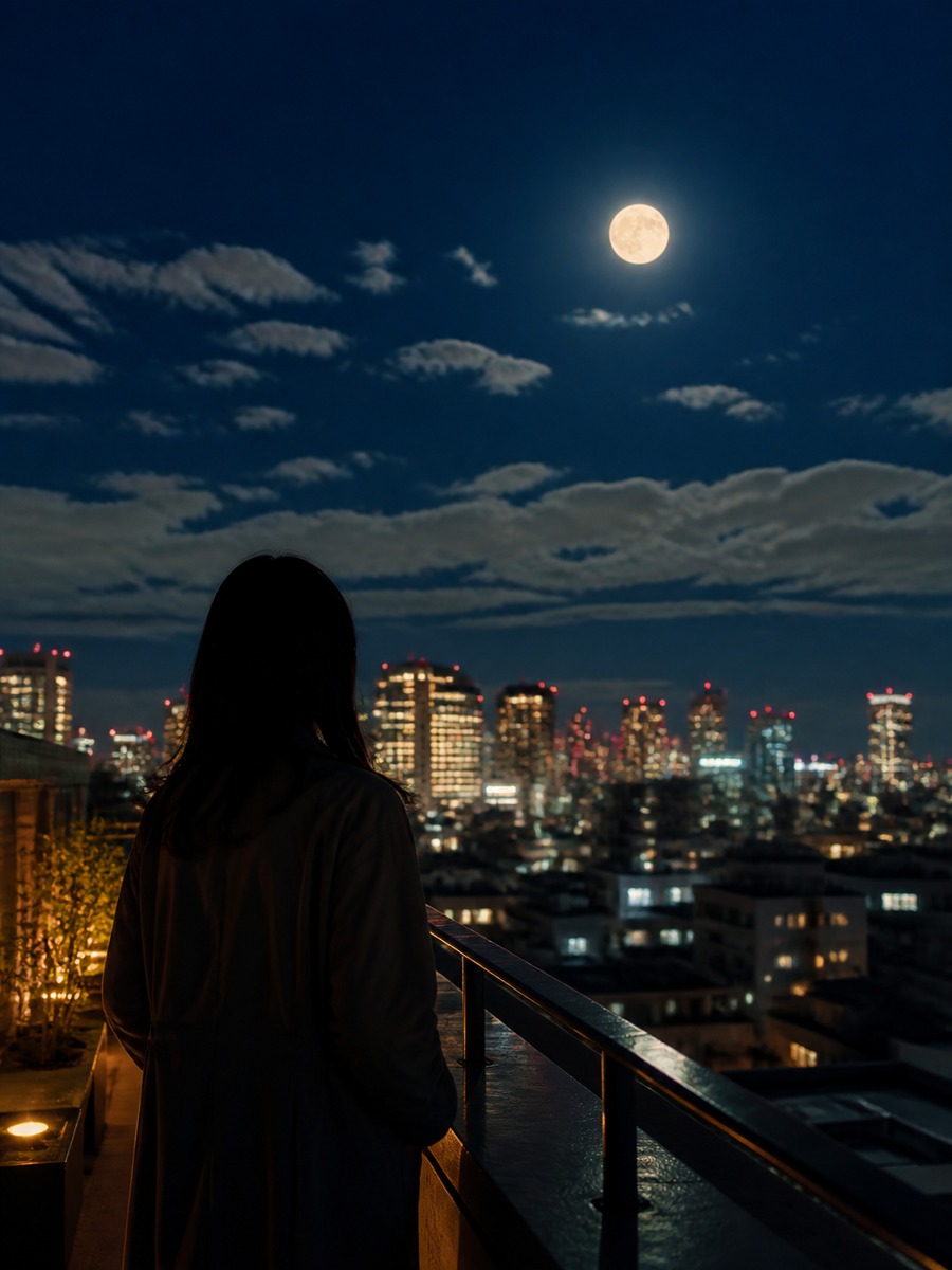 都会の屋上で月見写真の作例画像
