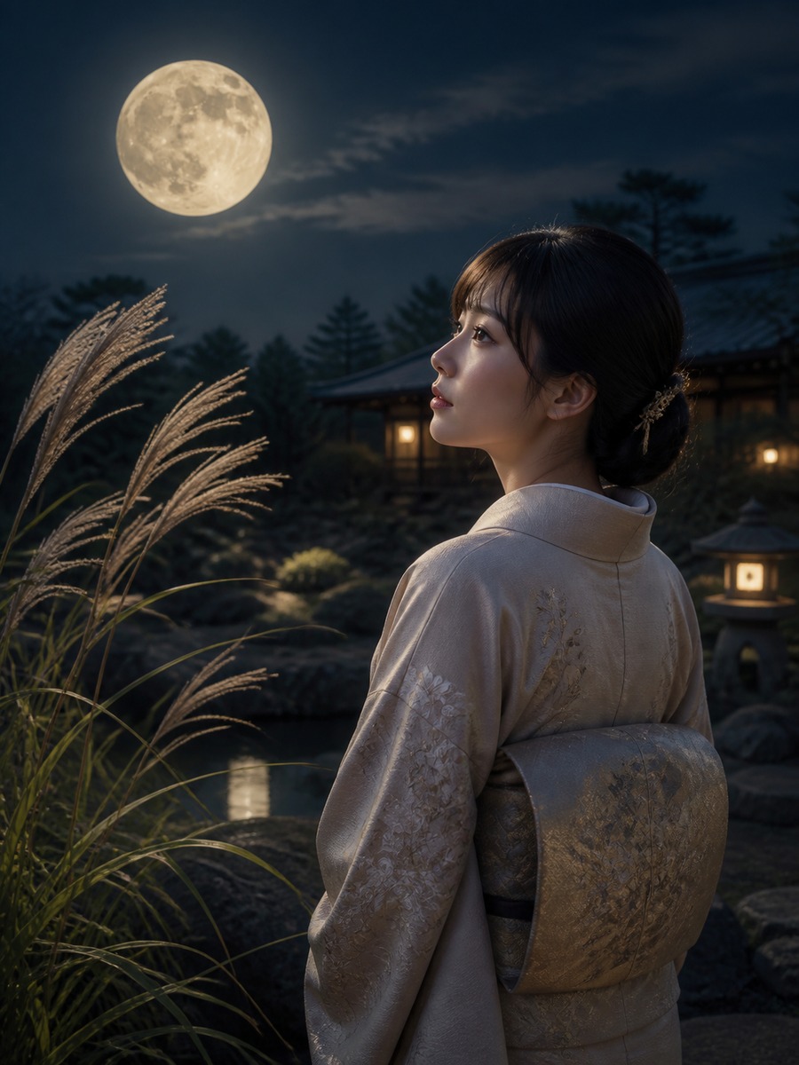 着物で中秋の名月ポートレートの作例画像
