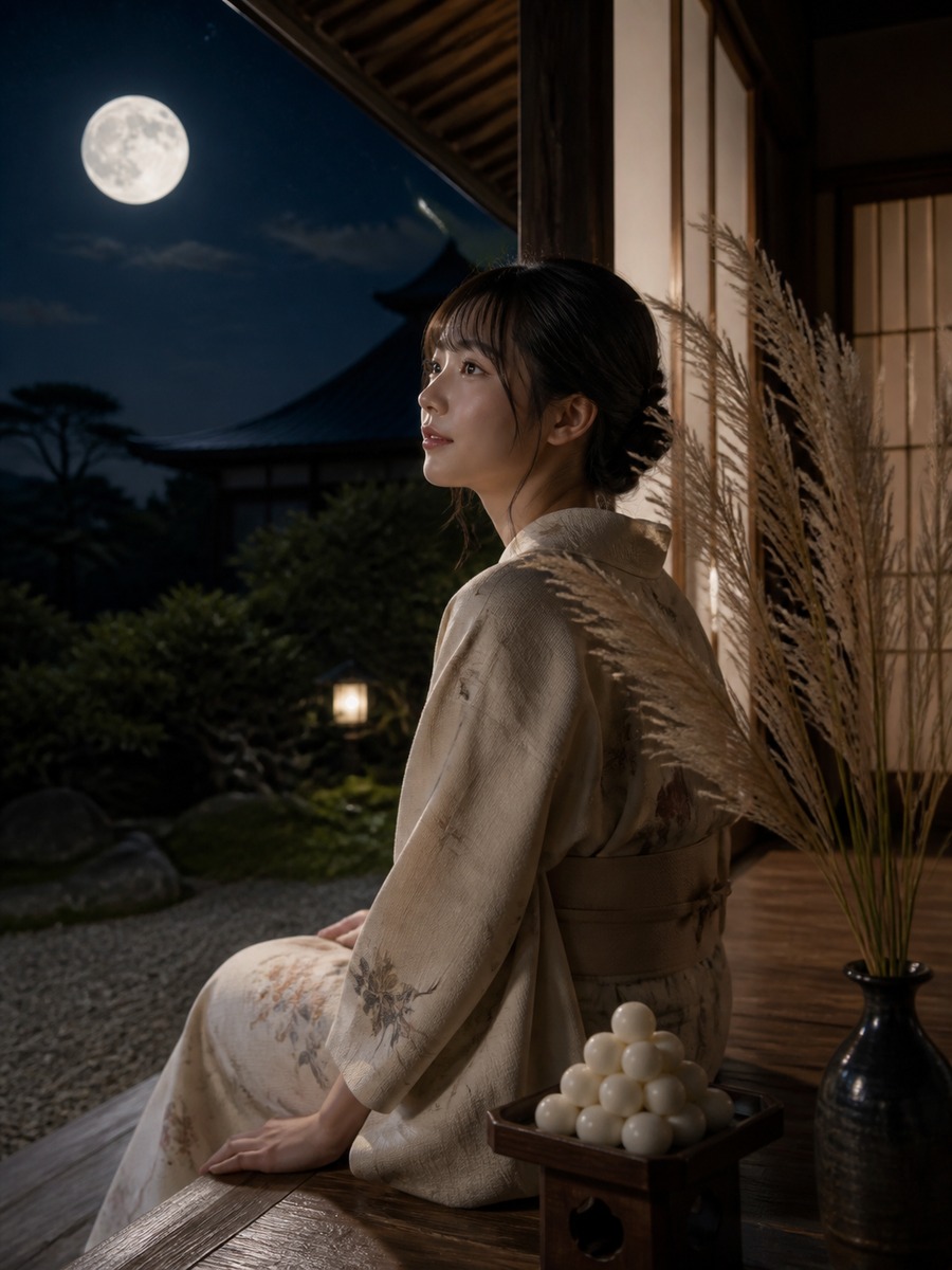 縁側で月を見る十五夜ポートレートの作例画像