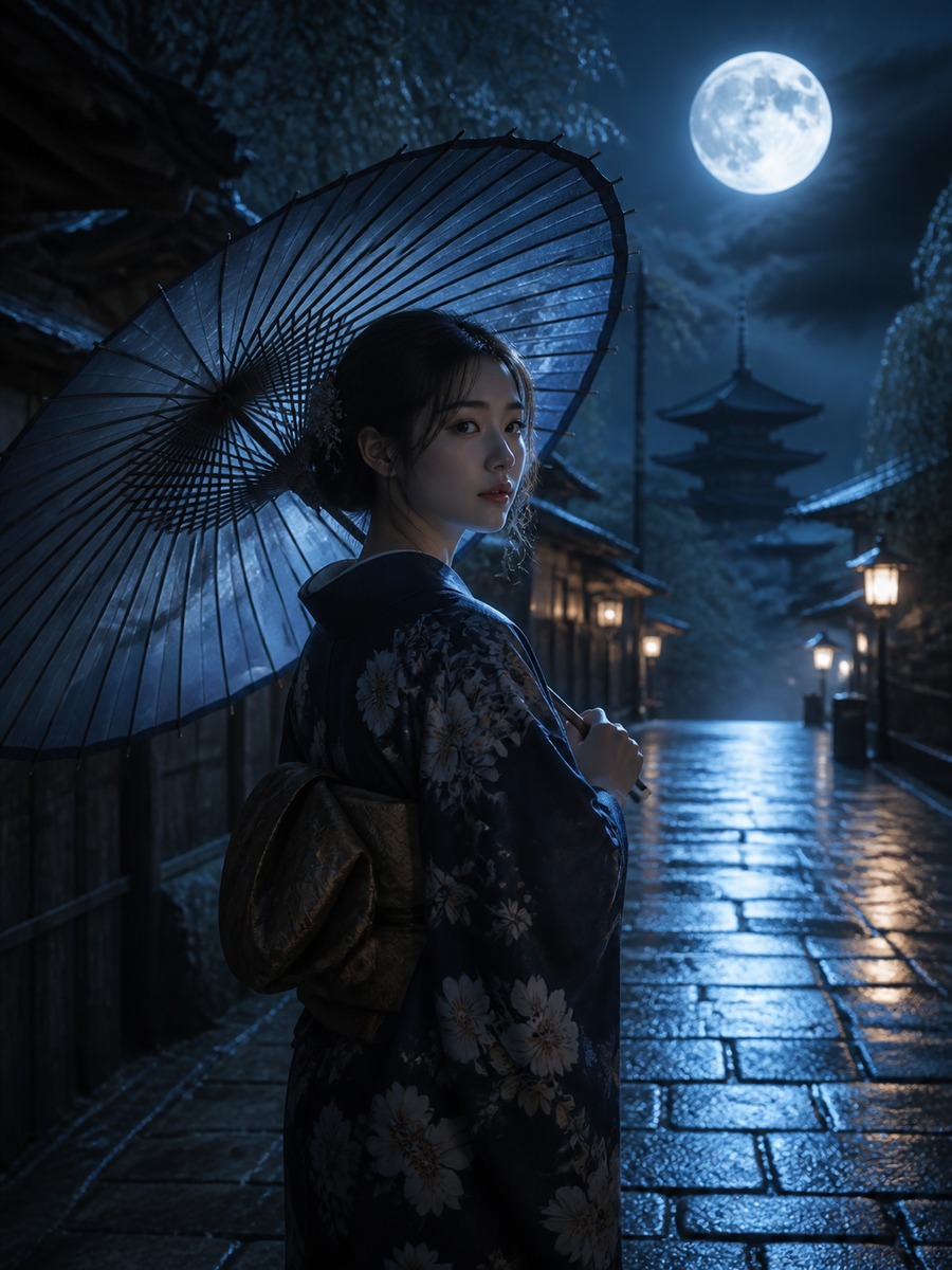月明かりの和傘ポートレートの作例画像