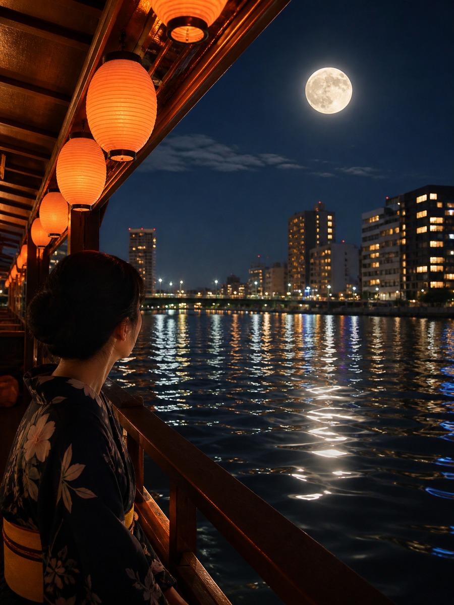 屋形船から見る満月写真の作例画像