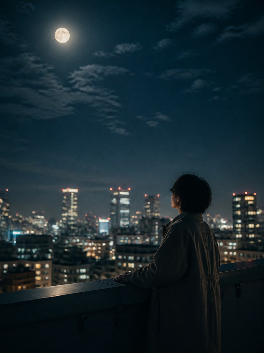 都会の屋上で月見写真の作例画像