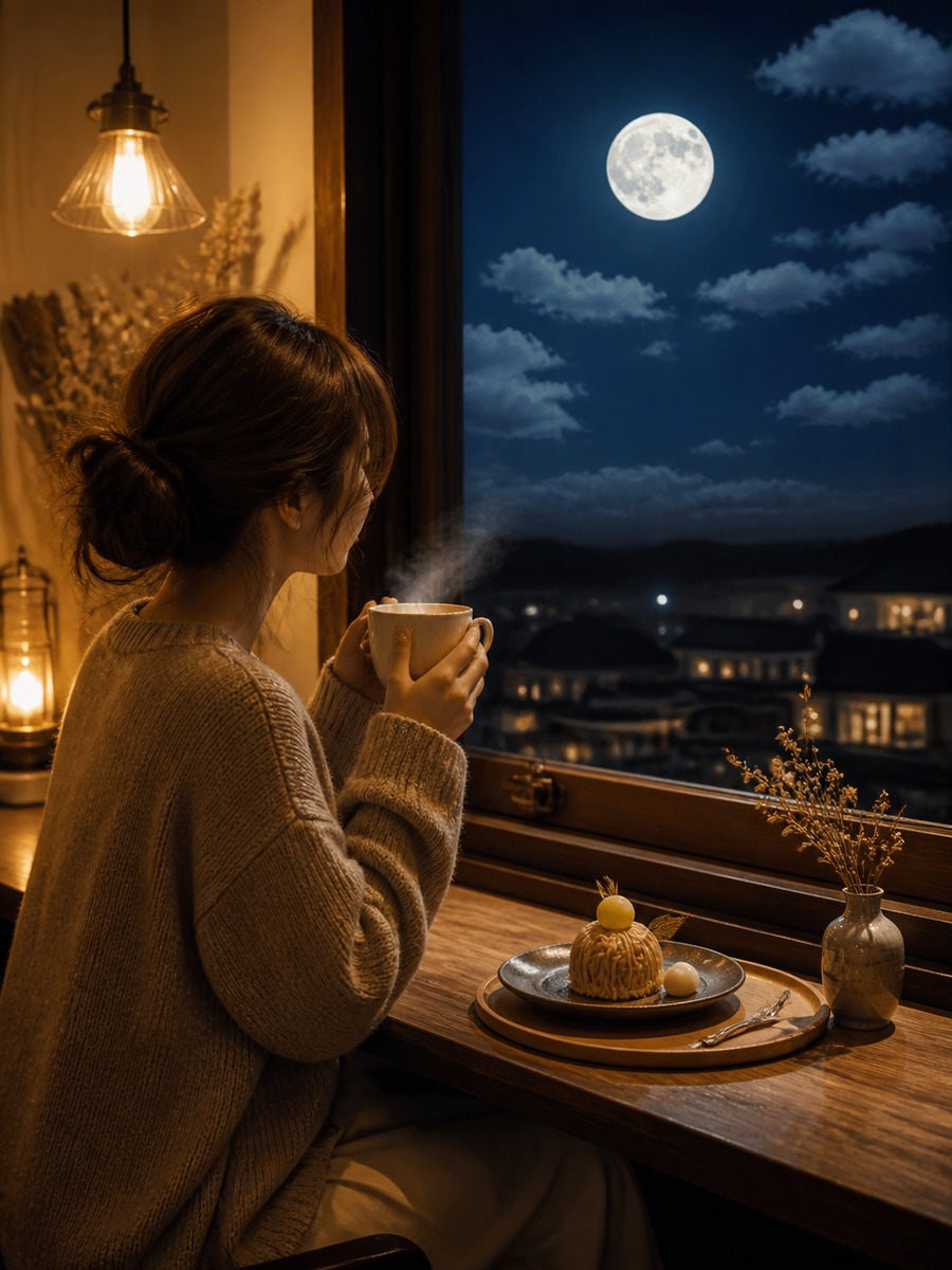 月見カフェの窓際ポートレートの作例画像