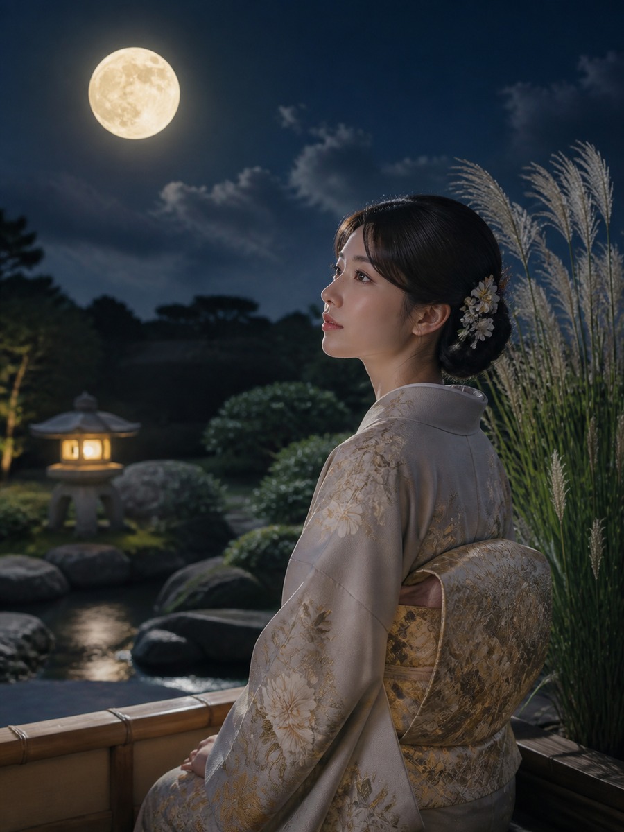 着物で中秋の名月ポートレートの作例画像