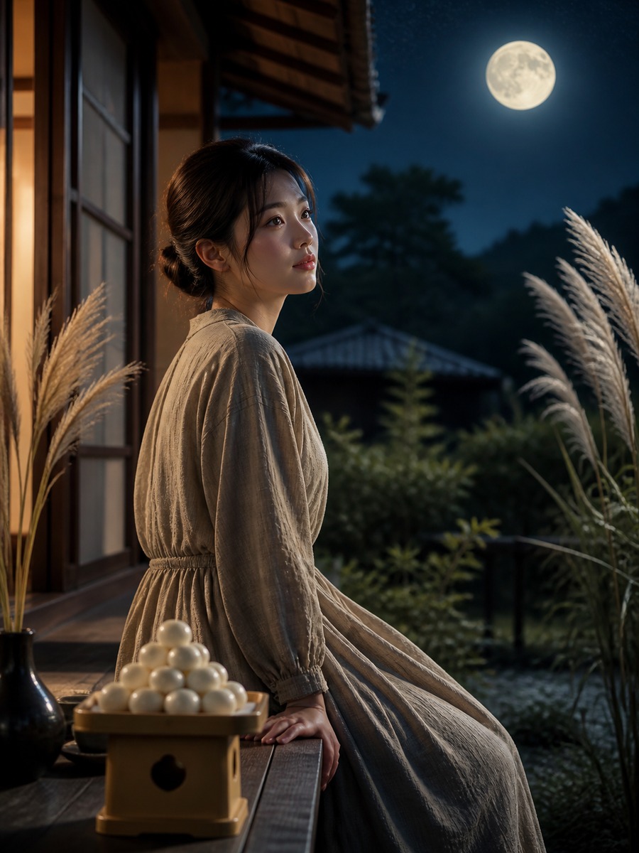 縁側で月を見る十五夜ポートレートの作例画像