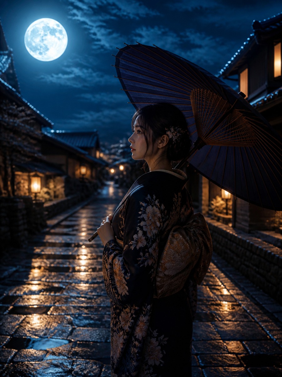 月明かりの和傘ポートレートの作例画像