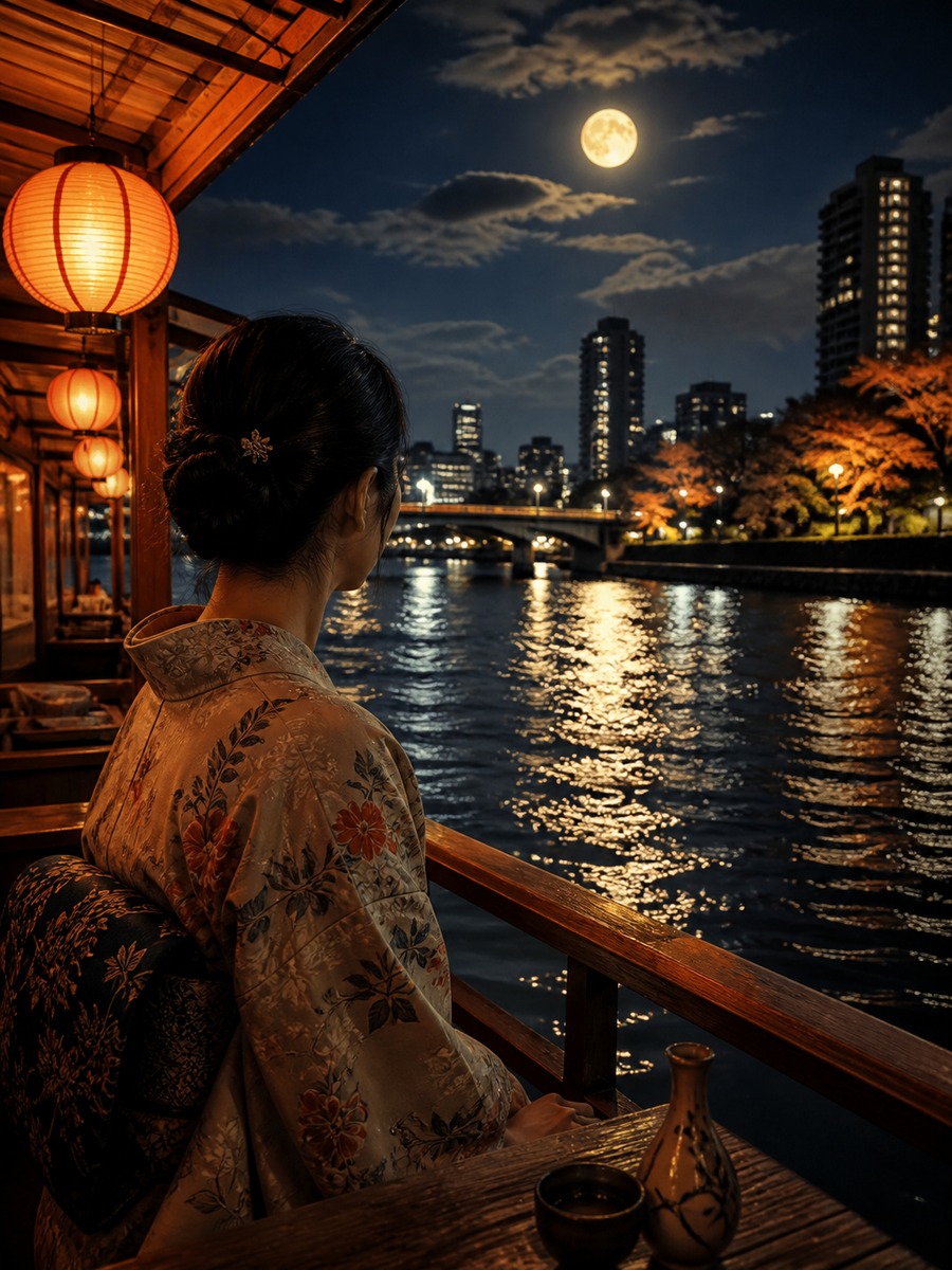 屋形船から見る満月写真の作例画像