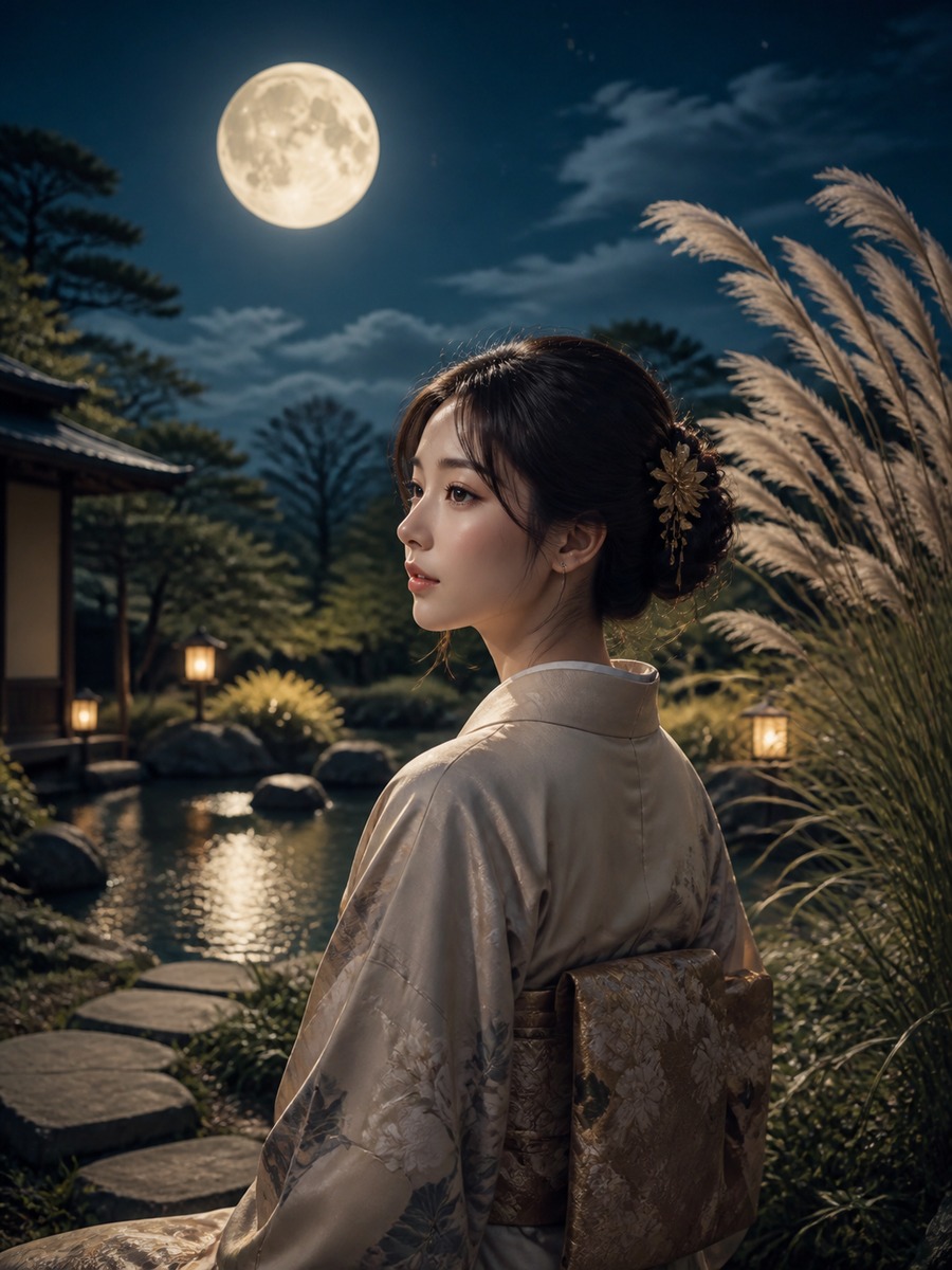 着物で中秋の名月ポートレートの作例画像